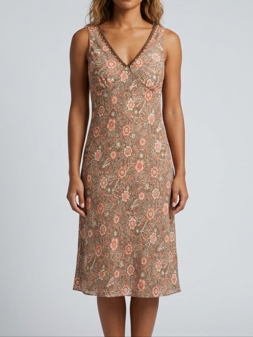 Believe... Floral Paisley Sleeveless Shift Dress Size 12 Boho Beaded V-Neck